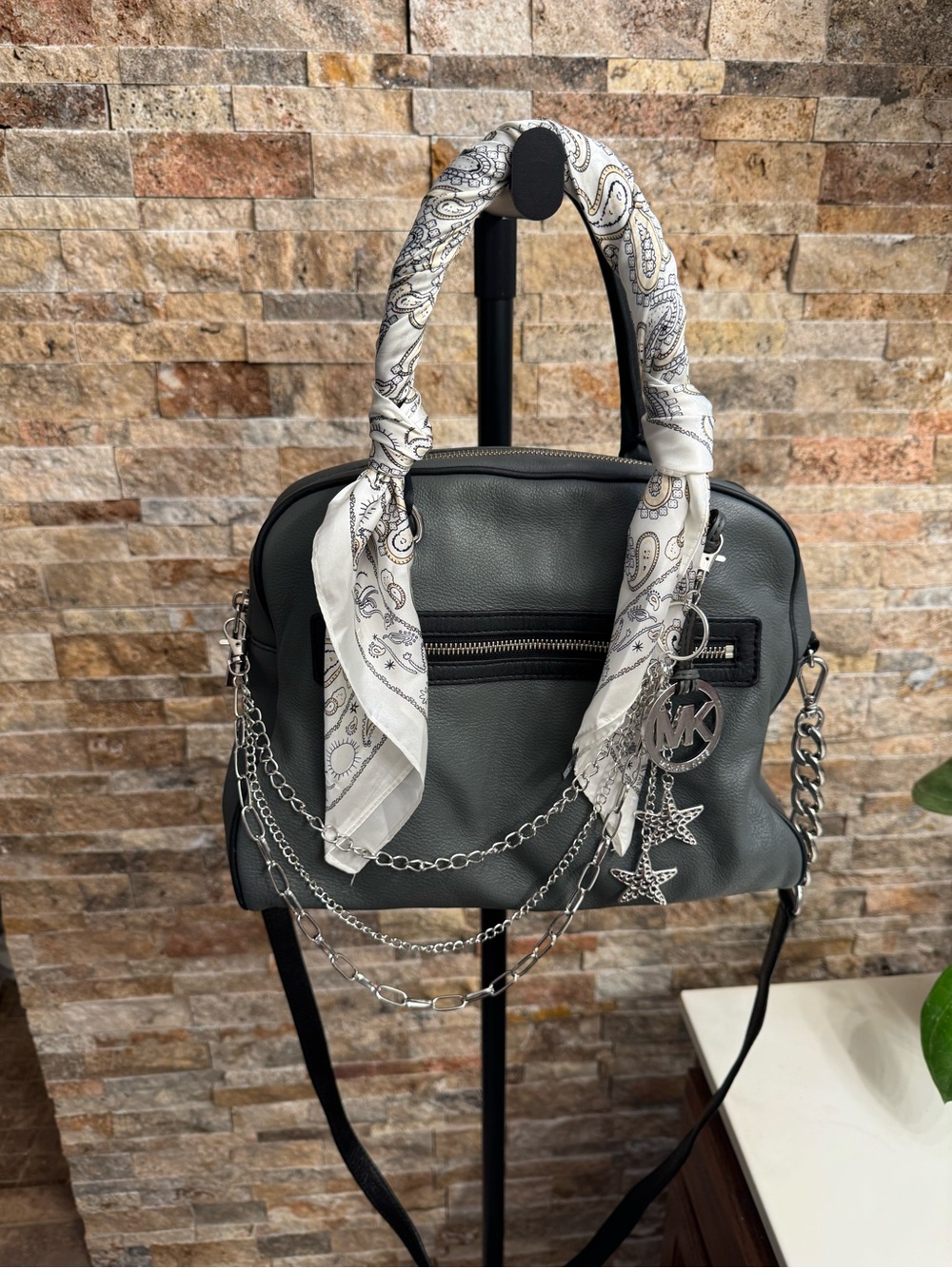 Michael Kors Charcoal Gray Leather Satchel with Silver Chains and Paisley Scarf